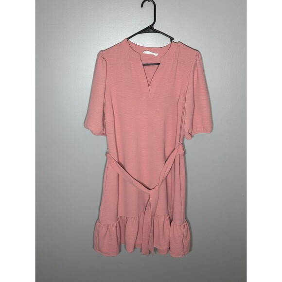Lucky Brand Dress Large Pink Ruffle Sleeve Tie Waist Belt Size Small Pockets - Picture 1 of 7